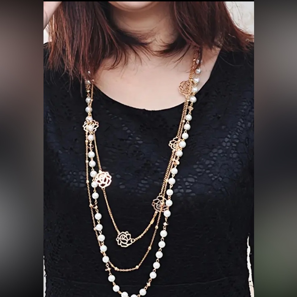 Fashion Layered Rose Flower Sweater Chain Faux Pearl and Zinc